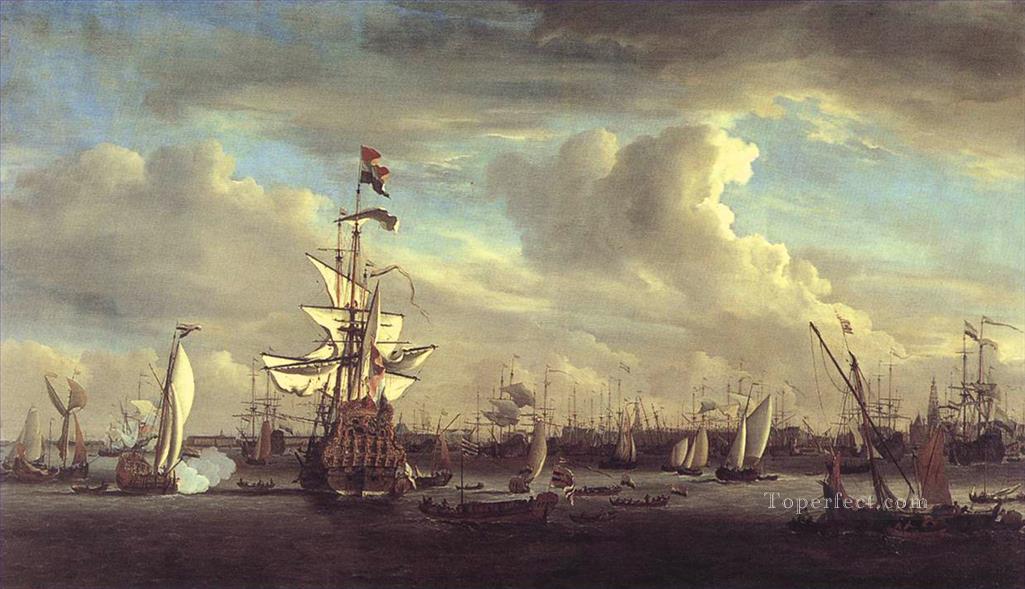 ウィレム・ファン・デ・ヴェルデ アムステルダム軍艦海戦前のゴーデン・レーウ油絵